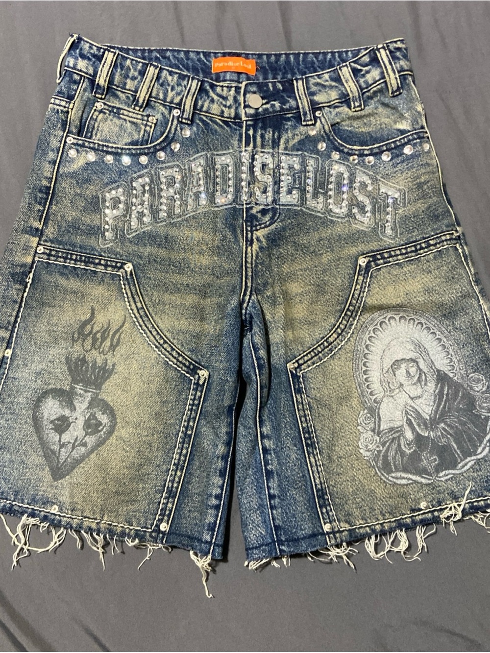 Studded Graphic Denim Jean Shorts - Faded Blue